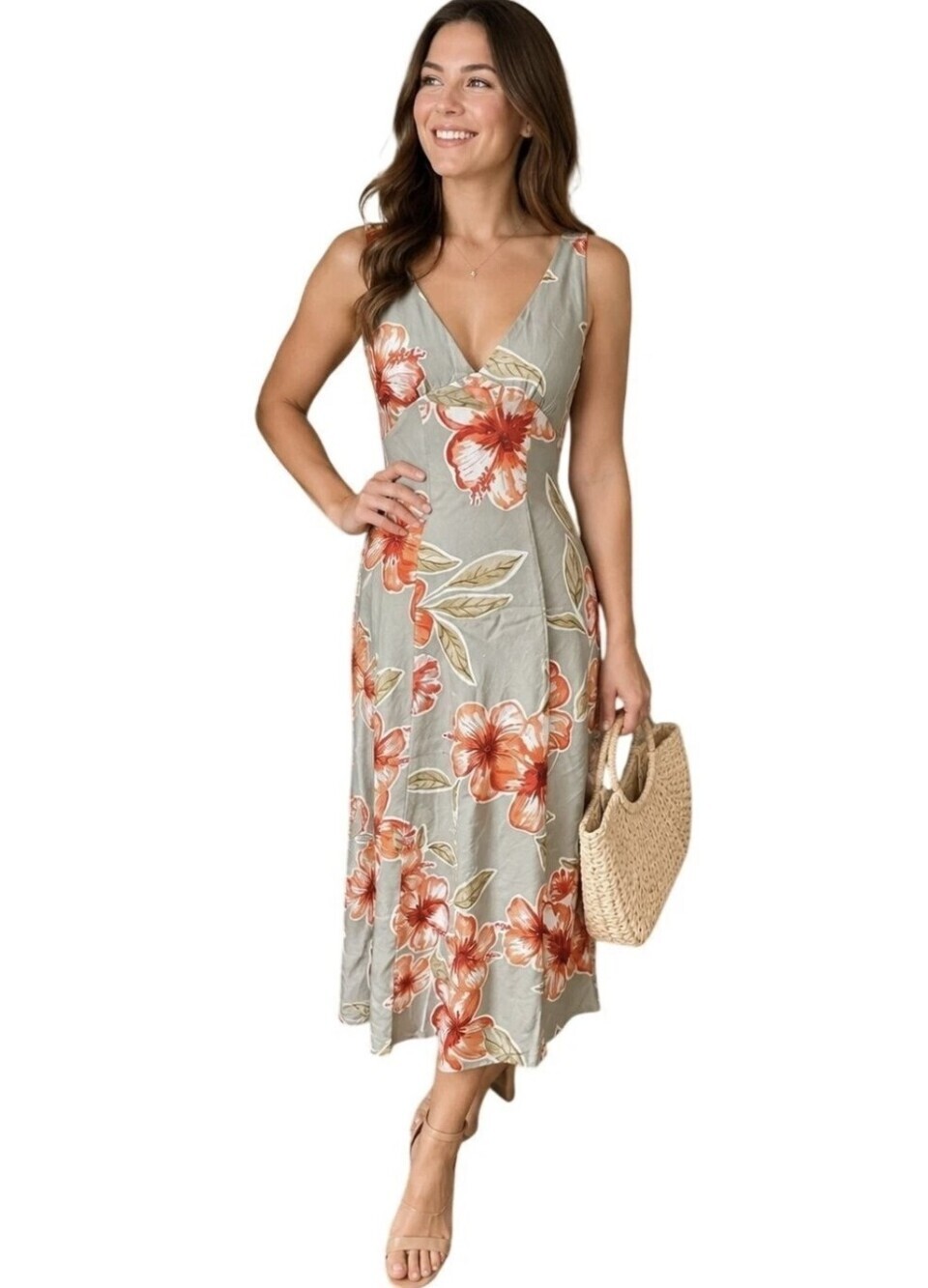 NWT Paper Heart for Anthropologie V-Neck Tropical Hibiscus Maxi Dress Sz M